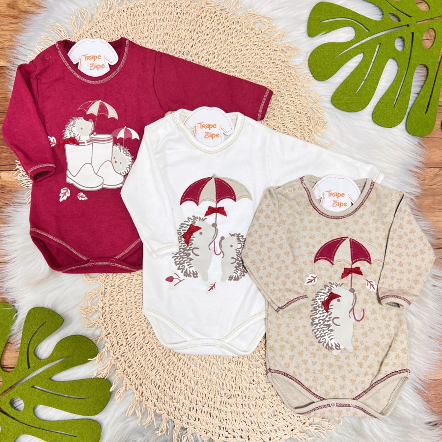 Kit 3 Peças - Bodys Manga Longa Porco Espinho com Guarda Chuva - Bordo, Areia e Off White